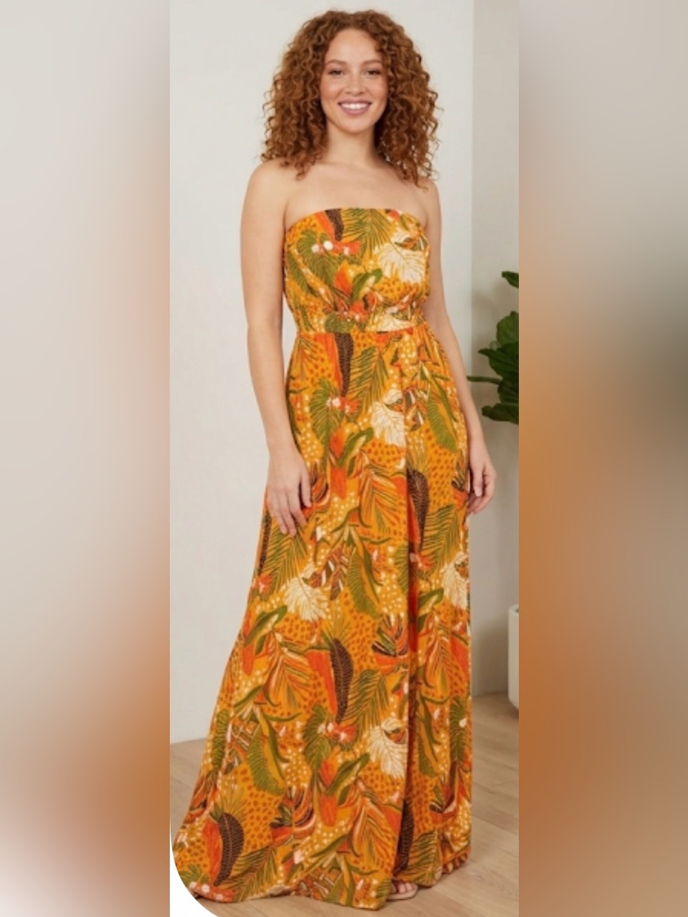 Versona Orange Tropical-Print Strapless Maxi Dress size small like new condition